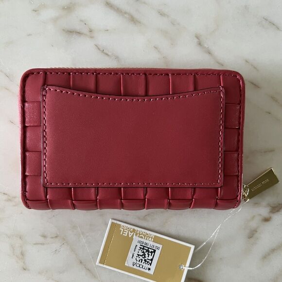 MICHAEL KORS Jet Set Light Berry Woven Leather Small Zip Around Card Case Wallet - Picture 5 of 7
